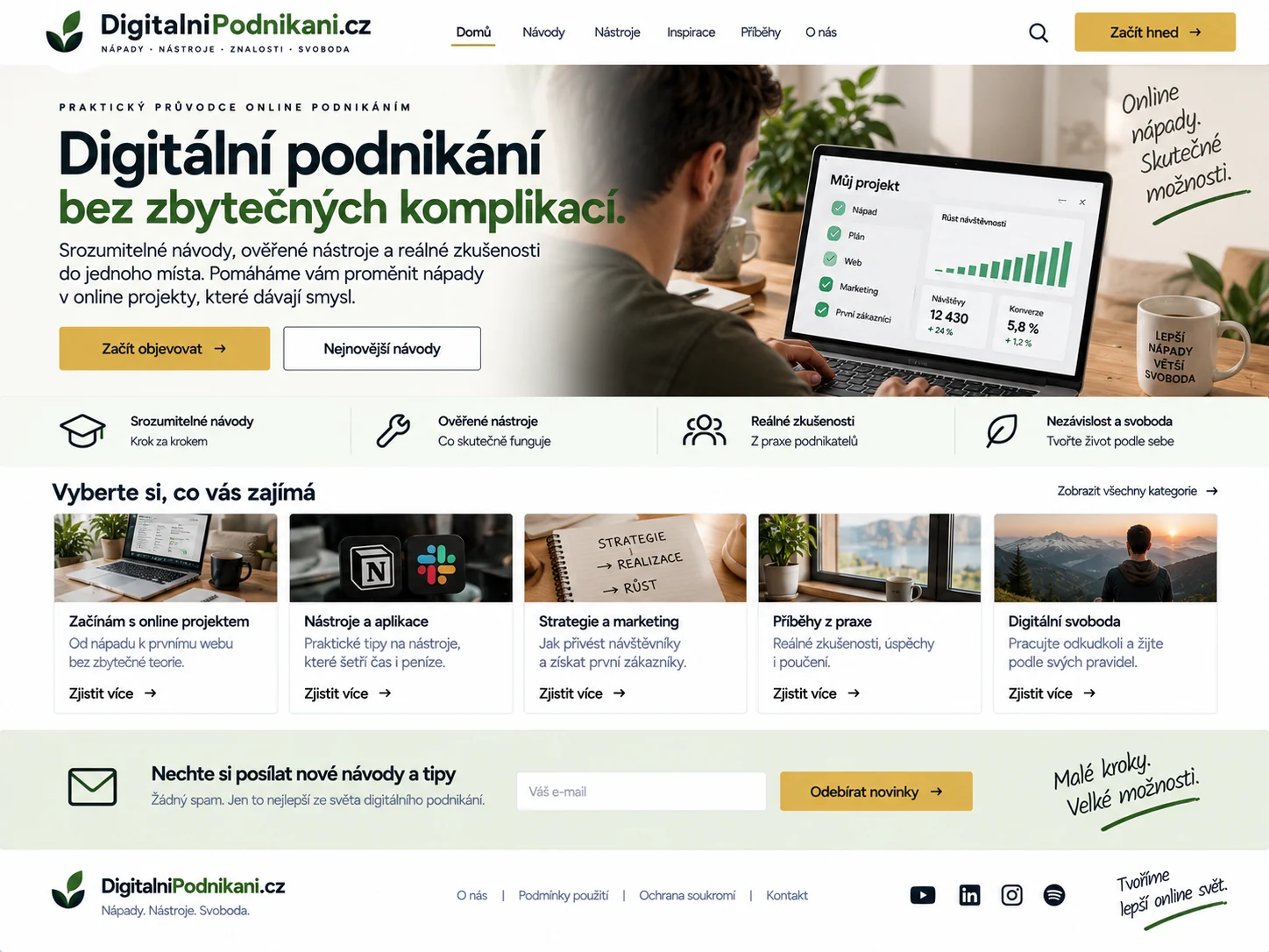 Ilustrační návrh možného webu DigitalniPodnikani.cz zaměřeného na návody, nástroje a zkušenosti z online podnikání